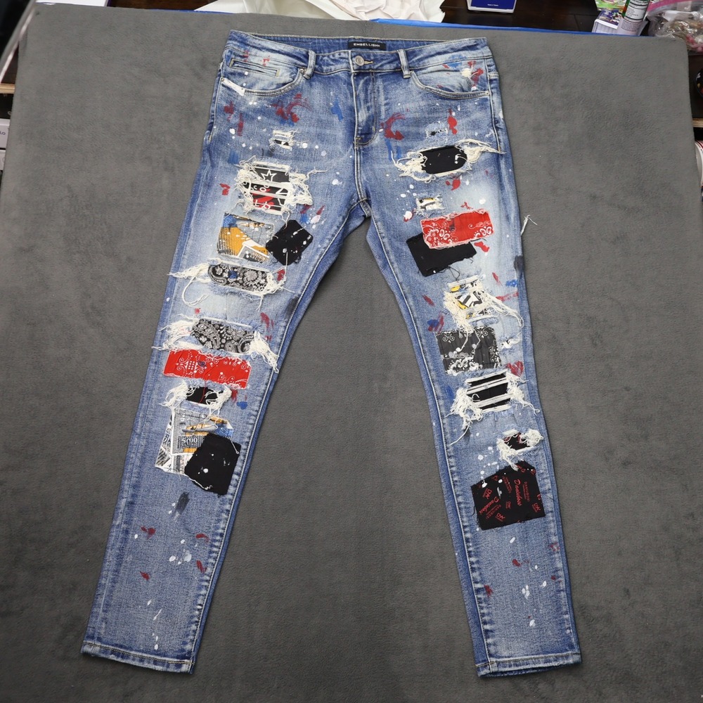 Embellish NYC Mens Distressed Patchwork Paint Splatter Denim Jeans Blue Size 38